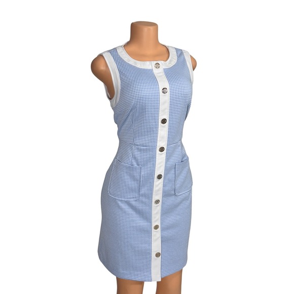 Tommy Hilfiger Womens Blue White Houndstooth Button Front Sheath Dress Size 10 - Picture 2 of 8